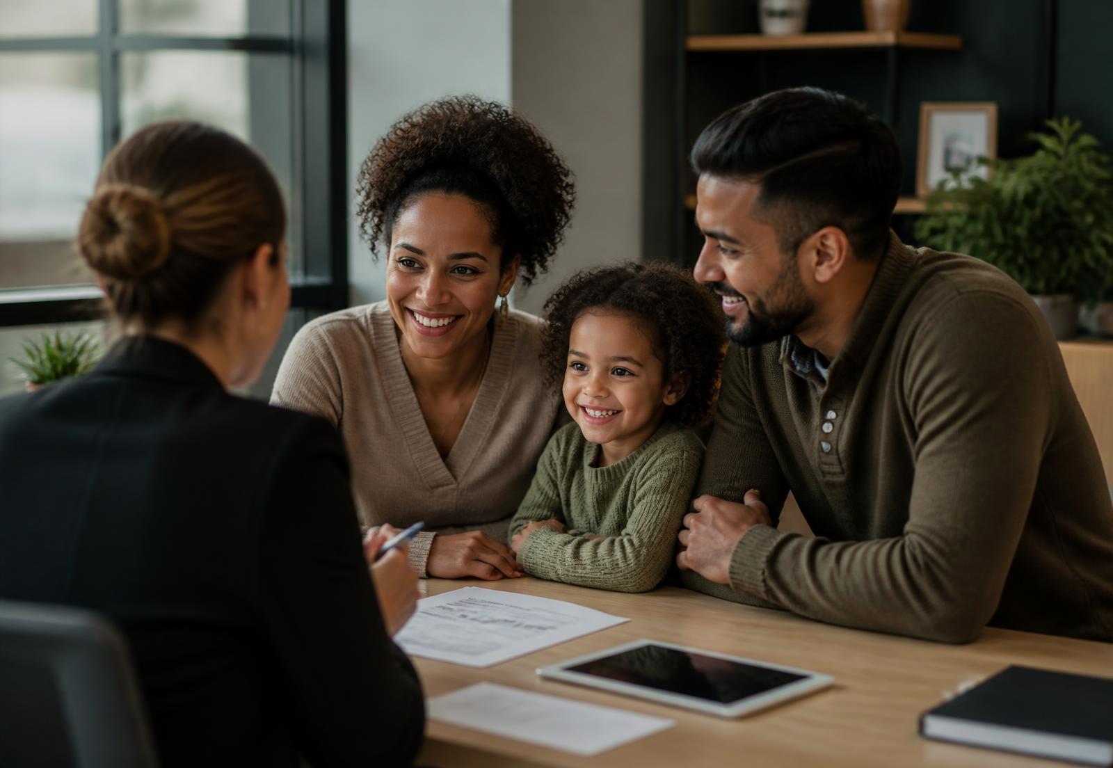 A family reviewing insurance and tax documents with a Hamsa Solutions advisor