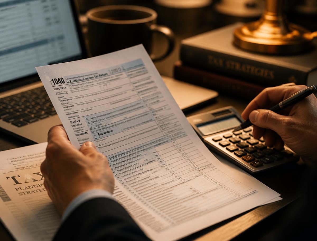 Hands reviewing a 1040 tax form with a calculator